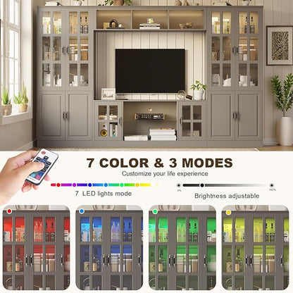 4-Piece Wall Unit TV Stand with Storage & LED Lights for TVs up to 75", Modern Entertainment Center with Bookshelves & 4-Door Pantry Cabinet, Gray