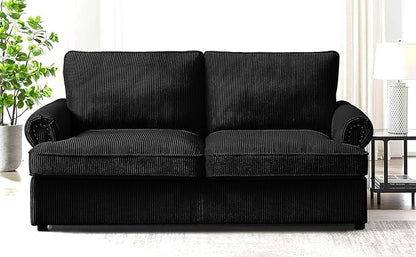 Reversible Sleeper Sofa Bed with Comfortable Memory Foam Mattress, Convertible Corduroy Full Size Pull Out Couch for Living Room, Space Saving Furniture, 72" Wide, Rounded Arms, Black