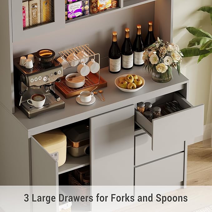 Kitchen Pantry Cabinet,71" Tall Storage Cabinet with Doors and Shelves Adjustable, Kitchen Storage Hutch with Microwave Shelf, Led Lights and Charging Station,Corner Pantry Cabinet,Grey