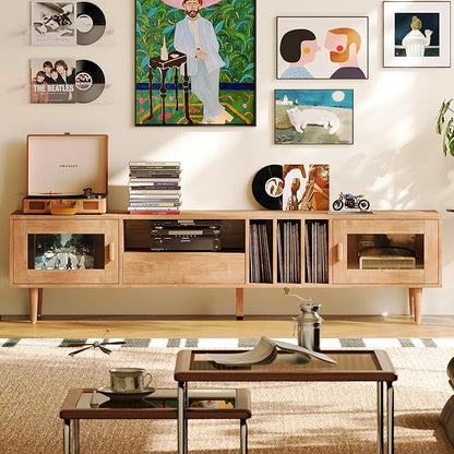 LINSY 70" TV Stand for TVs up to 80 Inch, Mid Century Modern Entertainment Center with Storage Drawer and Open Shelves, TV Console with Glass Door Cabinets for Living Room, Bedroom, Rustic Brown