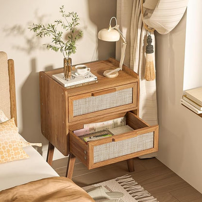 Lerliuo Rattan Nightstand, Boho Night Stand with 2 Drawers, Cane Accent Side End Table, Bedside Table with Solid Wood Legs for Bedroom, Dorm and Small Spaces (Tea Brown)