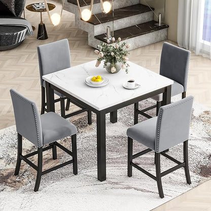 Ball & Cast 5 Piece Dining Table Set with 4 Velvet-Upholstered Chairs,Living Room Furniture W/ 35" Rectangle Faux Marble Top Table,for Restaurant,Home Bistro,Grey