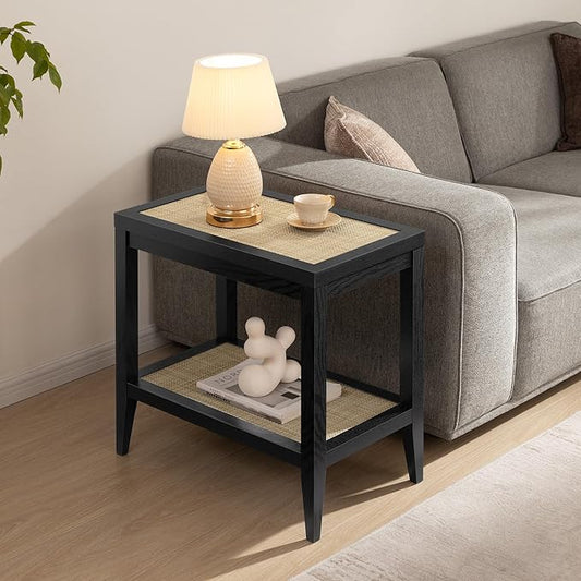 SICOTAS Rattan Nightstand Bedside Table - Farmhouse Boho Narrow Accent End Table with 2 Open Rattan Shelves for Bedroom, Living Room, Small Spaces - Black Oak