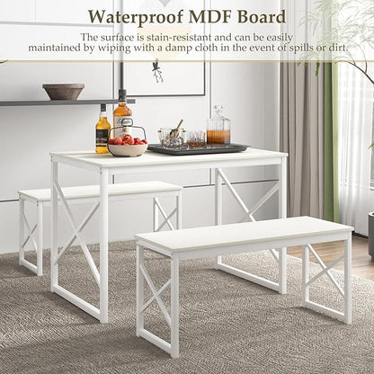 VECELO Kitchen Dining Table Set for 4, 43.3" Wood Rectangle Dinette with 2 Benches, Heavy-Duty Metal Frame for Small Space, Breakfast Nook, White