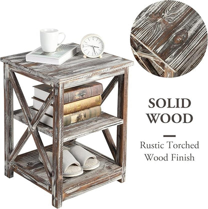 MyGift 24 Inch Tall End Table, Rustic Torched Solid Wood Living Room Accent Side Table with 3 Tier Display Shelf, Wooden X Design Bedroom Nightstand Square Storage Shelves