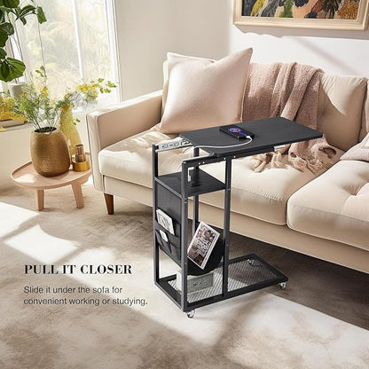 Colima C Shaped End Table with Charging Station (Black, Extra Large)