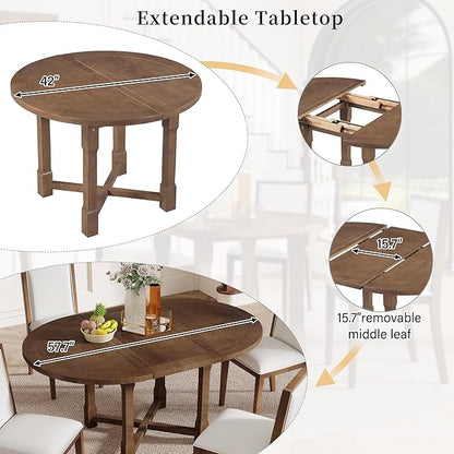 Ball & Cast Farmhouse 5 Pieces Dining Table Set with 4 Upholstered Chairs,Wooden Living Room Furniture for 4 W/ 57.7" Extendable Dining Table,Easy Assemble&Clean,for Dining Room,Bistro,Apartment,Brown