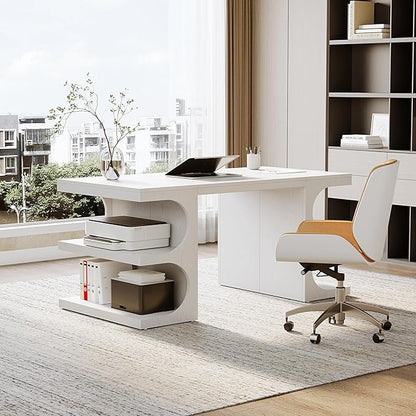 LITTLE TREE 62.2-Inch Executive Desk, Modern Home Office Desks, Office Table with Storage Shelves for Workspace, Large Computer Desk, Long Contemporary Writing Desk, White