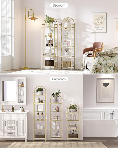 Bookcase Bookshelf, Tempered Glass Bookshelves, Slim Shelving Unit for Bedroom, Bathroom, Home Office, Steel Frame, 5 Tier Gold BC05001G