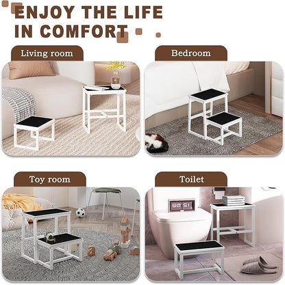 2 Step Stools for Adults Kids, Anti-Slip Sturdy Wooden Foot Stools with 500 Lbs Capacity for High Beds,Closet, Bathroom,Kitchen, Potty Training