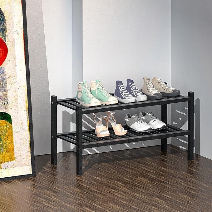 Shoe Rack 2-Tier Organizer-Stackable Storage Shelf with Multi-Function Combinations-Free Standing Bamboo Shoe Racks for Closet,Entryway,Hallway,Bathroom,Living Room Shoe Organization (Black, 2-Tier)