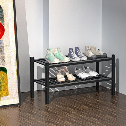 Shoe Rack 2-Tier Organizer-Stackable Storage Shelf with Multi-Function Combinations-Free Standing Bamboo Shoe Racks for Closet,Entryway,Hallway,Bathroom,Living Room Shoe Organization (Black, 2-Tier)