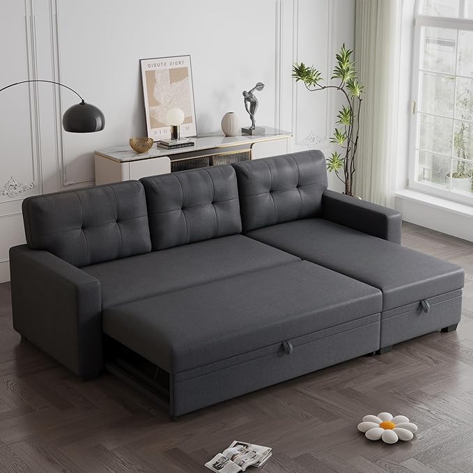 Ball & Cast Convertible Sectional Sleeper Sofa Bed L Shaped 4 in 1 Pull Out Couch with Reversible Storage Chaise & Removable Back Cushions,Sleeper Corner Pull Out Sofa Bed Couch for Living Room,Office