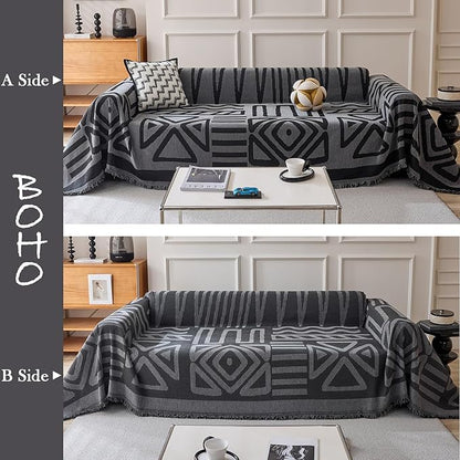 HANDONTIME Boho Geometric Couch Covers for Sofa Pet Friendly Dark Grey and Black Sofa Covers Washable Chenille Couch Blanket Cover for 2 Cushion Couches Pet Protector Furniture Cover Soft, 71" X 118"