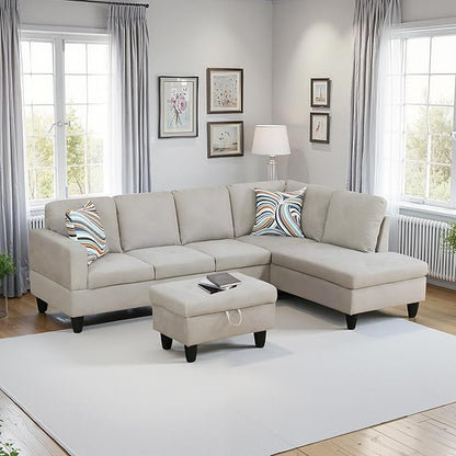 NicBex Sectional Couch 3 Pieces Sofa Set with Left Chaise Flannel L Shaped Cloud Couch for Living Room Furniture Sets with Storage Ottoman, Modular Sofa for Living Room & Apartment, Off-White