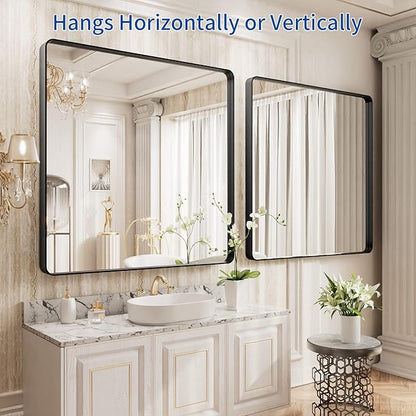 WEER 36X36 Inch Black Metal Framed Bathroom Mirror, Matte Black Bathroom Vanity Mirror, Rectangular Black Wall Mirror for Bathroom, Tempered Glass, Rounded Corner, Hangs Horizontal or Vertical