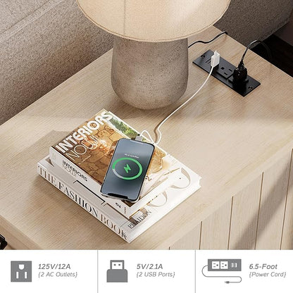 WAMPAT Beige End Table with Charging Station, Wooden Side Table with Storage Cabinet & Drawer, Elegant Nightstand with Power Outlets & USB Ports for Bedroom, Living Room