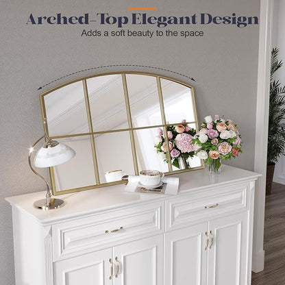 Wide Arched Mirror, 36" x 24" Gold Window Mirror, Antique Brass Farmhouse Mirrors for Living Room Dining Room Bedroom Fireplace Hallway Entryway