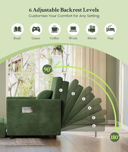 53” Convertible Sofa Bed Couch, Corduroy Couch Bed, 6-Position Loveseat Sleeper Sofa, Love Seat Sleeper Bed 23.6" Extra Deep Seat, Modern Couches for Living Room/Apartment/Home/Office, Green