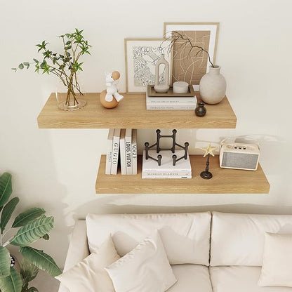 Floating Shelves 36 Inch Long, 12 Inch Deep Floating Shelves for Wall, 36 x 12 Shelves for Wall Storage & Display, 2" Thick Floating Shelf for Bathroom, Living Room, Bedroom, Oak Color, Set of 2