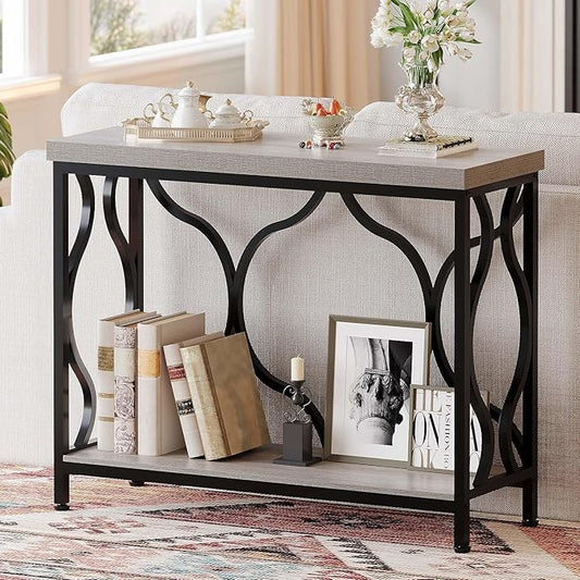 IBF Entryway Table with Storage, Modern Wood Metal Console Sofa Table Behind Couch Tables, Industrial Narrow Hallway Table for Small Living Room Home Office Foyer Entry Way Entrance, Grey, 39.4 Inch