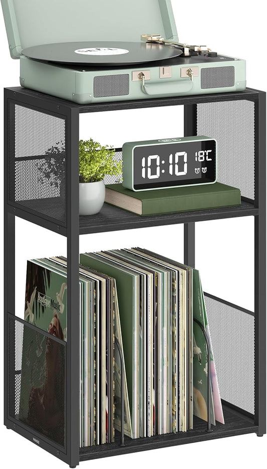 VASAGLE Record Player Stand, 3-Tier Side Table, Vinyl Record Storage up to 100 Albums, End Table for Living Room, Bedroom, Ebony Black ULET275B01