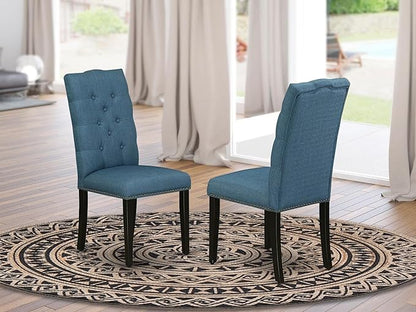 East West Furniture ELP1T21 Elsa Parson Kitchen Chairs - Button Tufted Nailhead Trim Blue Linen Fabric Upholstered Dining Chairs, Set of 2, Black
