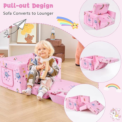 Toddler Couch,Toddler Chair,Kids Chair 2-in-1 Baby Seat Furniture Fold Out, Convertible Sofa to Lounger Comfy Glow in The Dark Sofa Bed,Gifts for Kids Girl Boys,Unicorns Rainbow,Medium