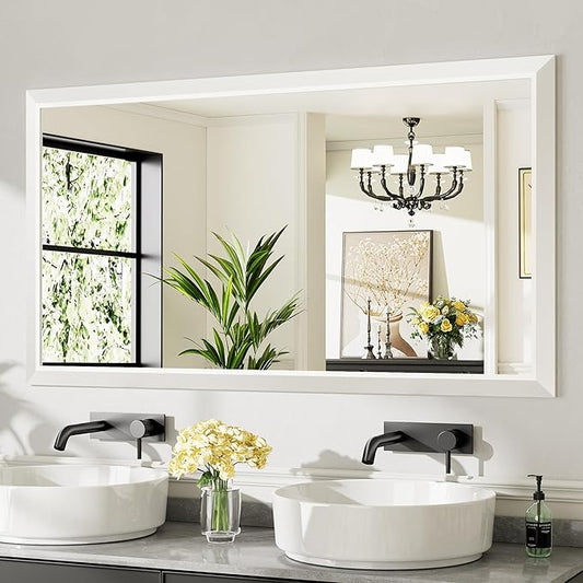55x30 Inch White Bathroom Mirror for Wall, Thick Metal Framed Rectangle Mirrors for Over Sink, Bedroom, Living Room, Entryway, Anti-Rust, HD Tempered Glass