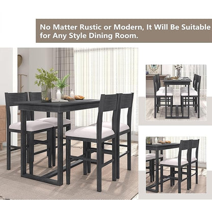 Merax Farmhouse Counter Height 5-Piece Dining Set with 1 Rectangular Table and 4 Upholstered Chairs for Small Places, Family Kitchen Furniture, Gray