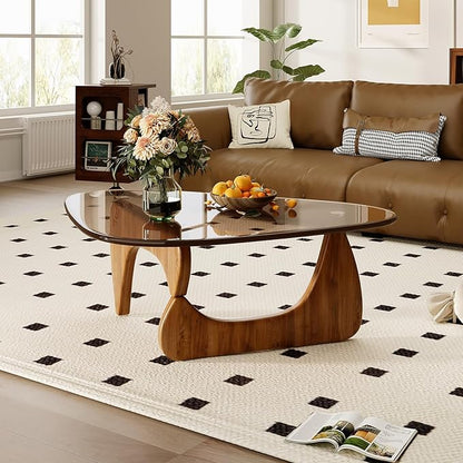 Glass Coffee Table for Living Room Mid Century Modern Triangle Center Table with Wooden Base, Brown/Walnut