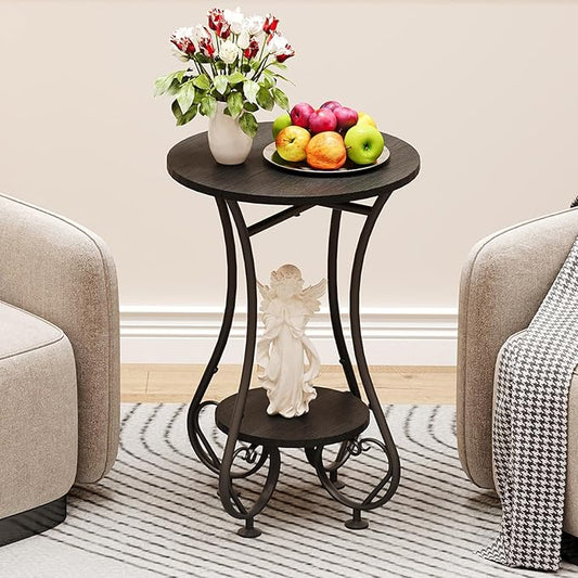 Side Table,Small Round End Table for Small Spaces - Round Bedside Nightstand Table with Metal Frame,Couch Sofa Coffee Table,Retro Accent Table for Living Room Bedroom Balcony,Black,Upgraded Version