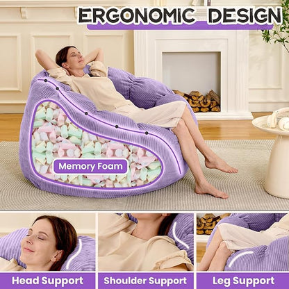 HABUTWAY Giant Bean Bag Chair for Adults/Kids/Teens, Pumpkin Bean Bag Couch Comfy Reading Chair for Bedroom, Corduroy Lazy Sofa Loughe Chair with Wider Seat Depth & Non-Slip Bottom(Purple)