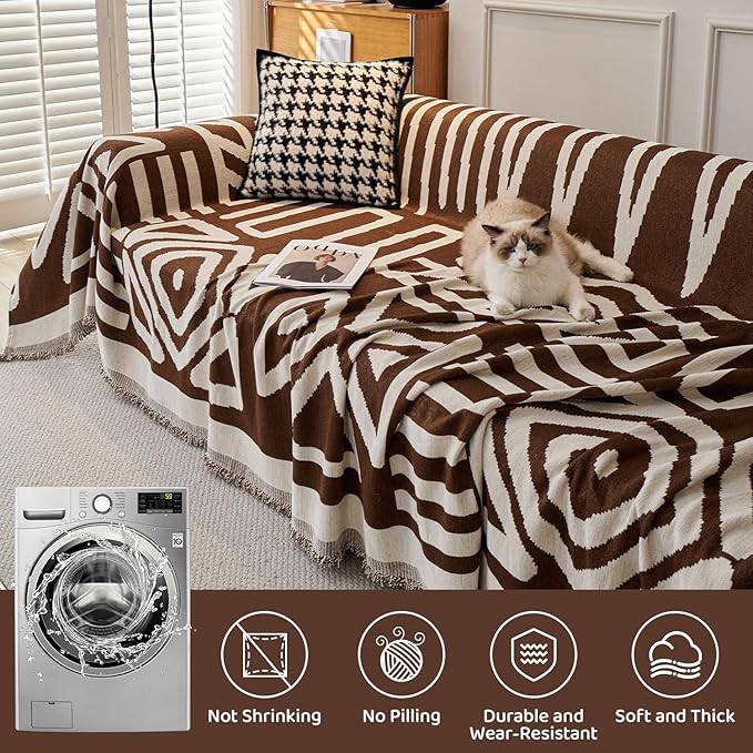 STACYPIK Soft Breathable Boho Chocolate Sofa Cover Stain Resistant Furniture Protector for 3 Cushion Couch Washable Sofa Cover for Dogs Cats Dark Khaki Reversible Sectional Covers for Sofa-91X150IN