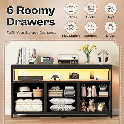 Huuger LED TV Stand for Bedroom, 47 Inch Dresser TV Stand for 43, 50, 55 Inch TV, Black TV Stand with Storage, Entertainment Center with Power Outlets, 6 Drawer Fabric Dresser for Living Room