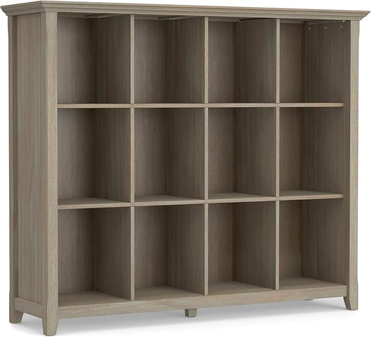 SIMPLIHOME Acadian Bookcase - 57 inch Tall 12-Cube Solid Wood Storage Display Unit in Distressed Grey, Transitional Cube Organizer for Living Room or Office with Fixed Shelves and Tapered Legs