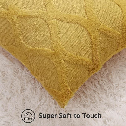 decorUhome Fall Throw Pillow Covers 12x20 Inch Set of 2, Soft Plush Faux Fur Wool Lumbar Mustard Yellow Couch Pillow Covers, Decorative Neutral Pillow Cases for Bed Sofa Living Room Home Decor