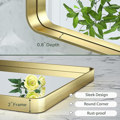 TokeShimi Gold Bathroom Mirror for Wall 40 x 24 Inch Rounded Corner Rectangle in Aluminum Alloy Brass Metal Frame Deep Set Design Hangs Horizontal Or Vertical Farmhouse
