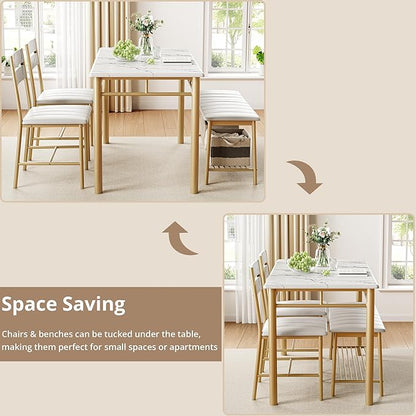IRONCK Dining Table Set for 4, Kitchen Table with Upholstered Bench and 2 Chairs, Kitchen Table and Chairs Set for Small Space, Apartment, White & Gold