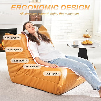 Hobestluk Giant Bean Bag Chair Lazy Floor Sofa, Memory Foam Fireside Sofa for Adults, Big Beanbag Faux Leather Armless Chair for Living Room Bedroom Dorm Office (Yellow, Single)
