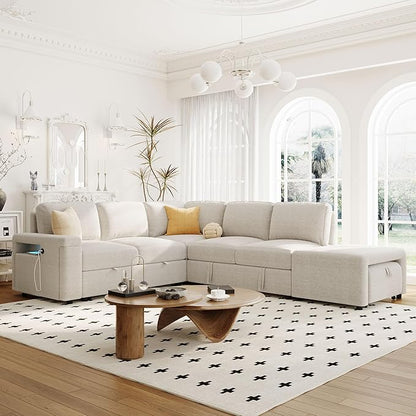 Merax L-Shaped Modular Sofa with Removable Storage Ottoman, USB Ports and Cup Holder, Upholstered Sectional Couch & Armrest, Free Combination Indoor Furniture for Living Room, Apartments, Beige