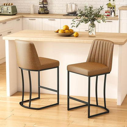 Bar Stools Set of 4, Faux Leather Counter Height Barstools, Upholstered Kitchen Counter Stools with Back and Stitching, 25.6" H Kitchen Island Stools Bar Chair, Metal Framed, Whisky Brown