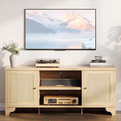 GarveeHome Rattan TV Stand for Living Room, Boho Entertainment Center for 55, 65, 70 Inch TV, Wooden Console Cabinet with Storage and Shelf, Natural Oak