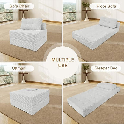 ANONER Folding Sofa Bed, Versatile Convertible Sleeper Chair with Pillow, Futon Fold Out Chair Bed, Memory Foam Chaise Lounge, Cozy Floor Couch for Living Room and Bedroom, Beige