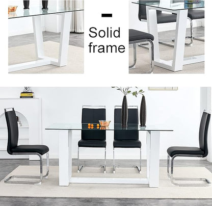 63" Modern Glass Dining Table with Rectangular Tempered Tabletop,Dinner Desk Set for 6-8 People W/Trapezoid Bracket,for Home,Kitchen,Dining Room,Office,White+Clear Finish