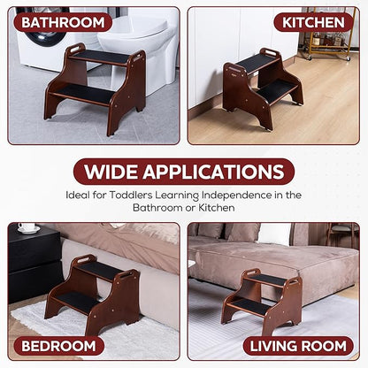 2-Step Wooden Step Stool for Adults & Kids – Non-Slip Bed, Bathroom, Kitchen, and Closet Use – Heavy-Duty Portable Step with Handles – 400 lb Capacity