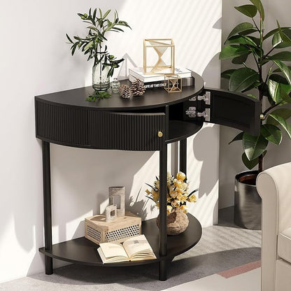 Fluted Half Moon Console Table 2 Tier Narrow Entryway Table with Storage for Small Space Modern Wood Sofa Table with Doors and Gold Knobs Boho Home Decor