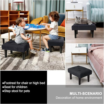 HOUCHICS Small Footstool Ottoman,Velvet Soft Footrest Ottoman with Wood Legs,Sofa Footrest Extra Seating for Living Room Entryway Office(Black 2PACK)