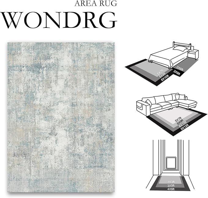 6x9 Washable Area Rug Blue Cream Modern Neutral Abstract Living Room Bedroom Indoor Floor Carpet Low Pile Soft Non-Slip Lightweight Vacuumable Throw Rug for Nursery Dining Room Office