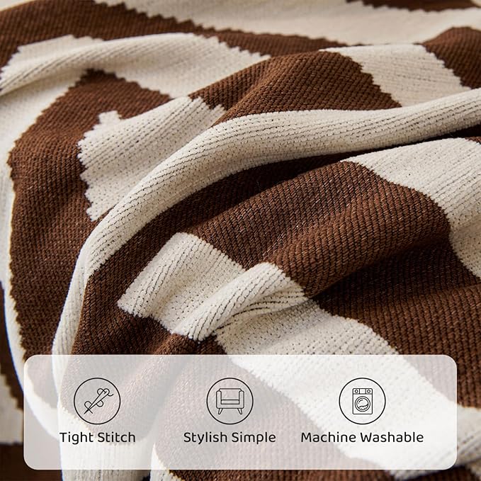 STACYPIK Boho Chenille Sofa Covers, Chocolate Geometric Couch Cover for Sectional, L Shape Couch Protector for 3 Cushion Couch, Non Slip Jacquard Sofa Protector for Loveseat with Tassles-71X118IN